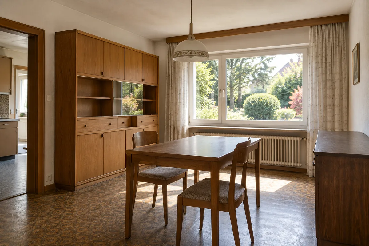 Essbereich eines älteren Hauses mit Holzschrank und Blick in den Garten