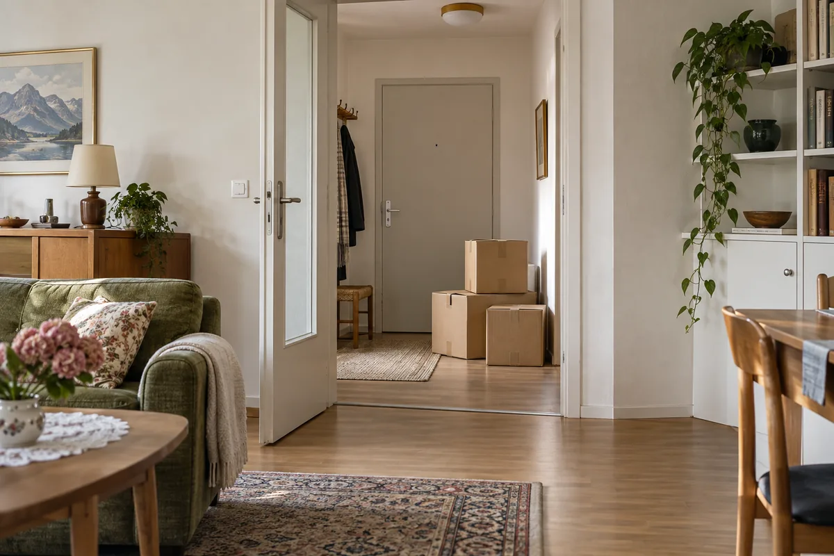 Gepflegte ältere Wohnung mit niedriger Schwelle und Umzugskartons beim Eingang