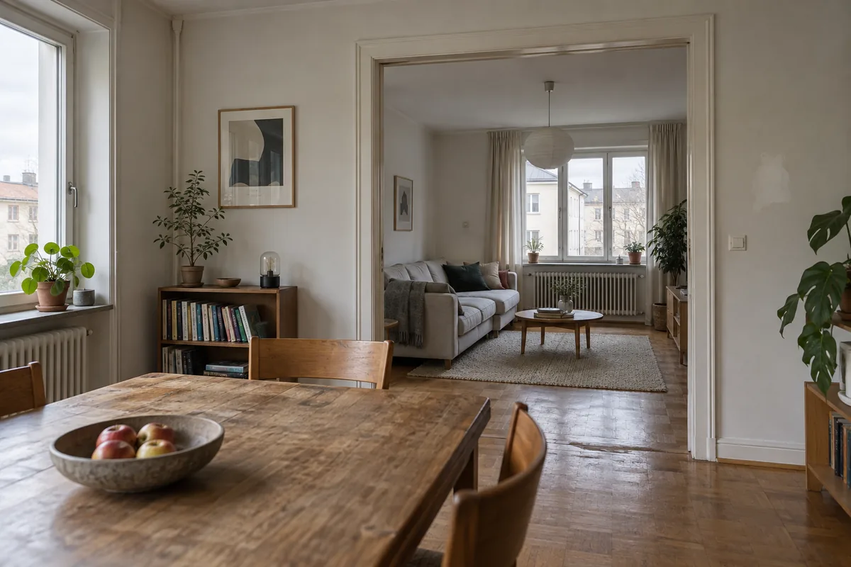 Bewohnte Wohnung mit Essbereich, Wohnraum und sichtbaren Gebrauchsspuren