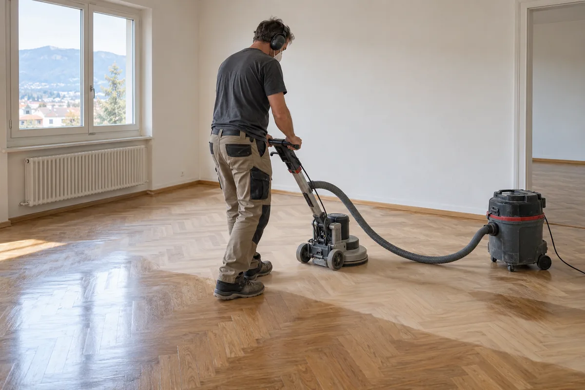 A craftsman sands a parquet floor with dust extraction