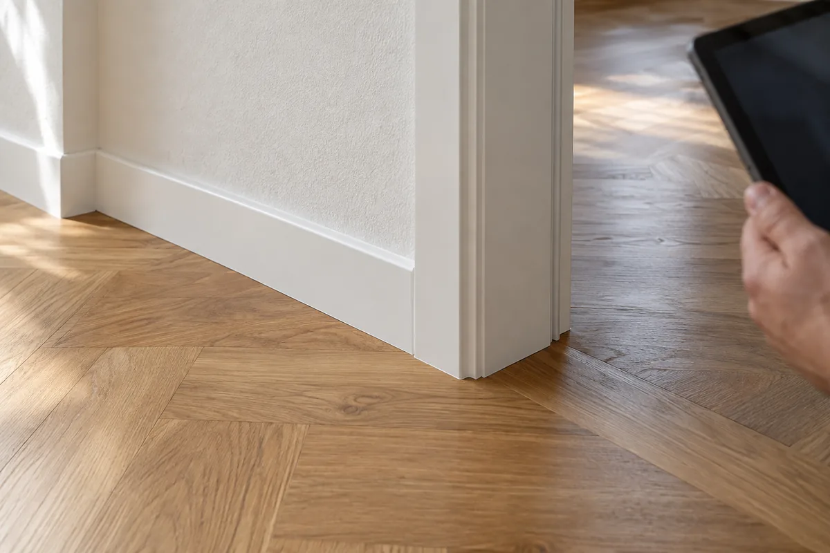 Refinished parquet and clean wall connection; A tablet is held on the edge