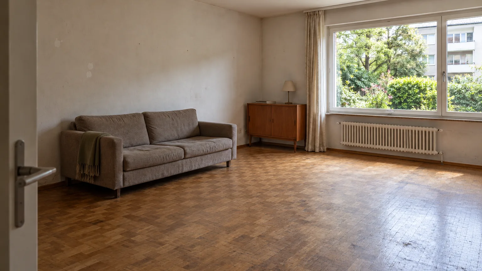 Older living room with worn oak parquet and a view of a garden