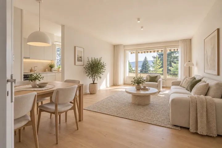 Visualized example: the same living space with new floors, bright kitchen and home staging